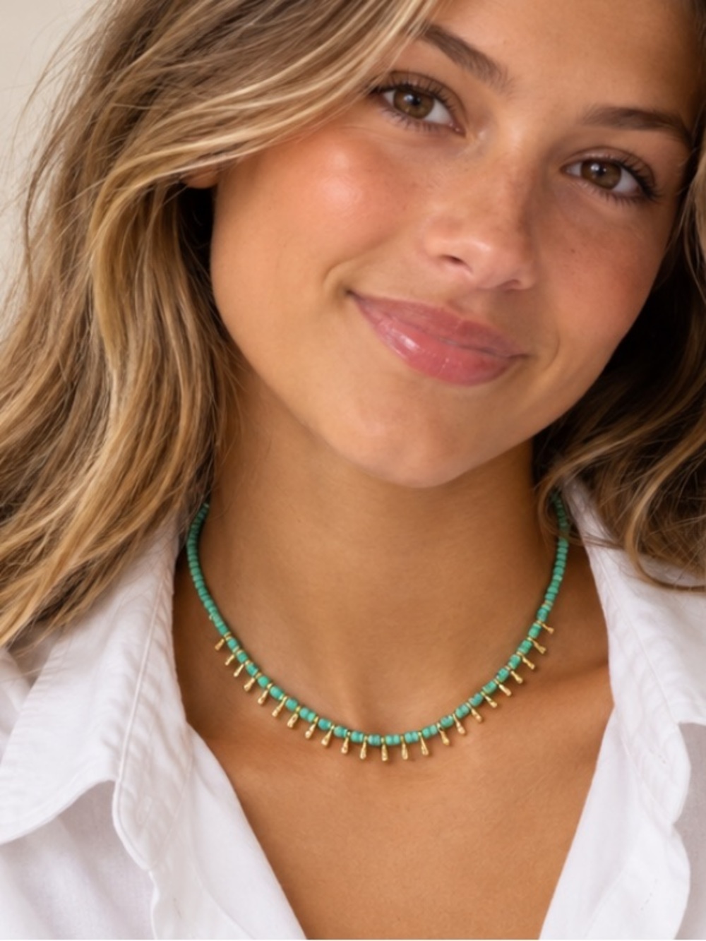 New! Turquoise Mint Beaded Gold Fringe Bead Necklace NWOT